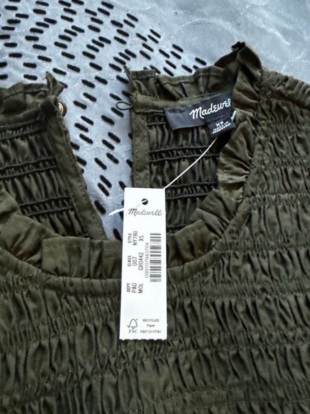 Madewell Olive Smocked Ruffle-Neck Blouse